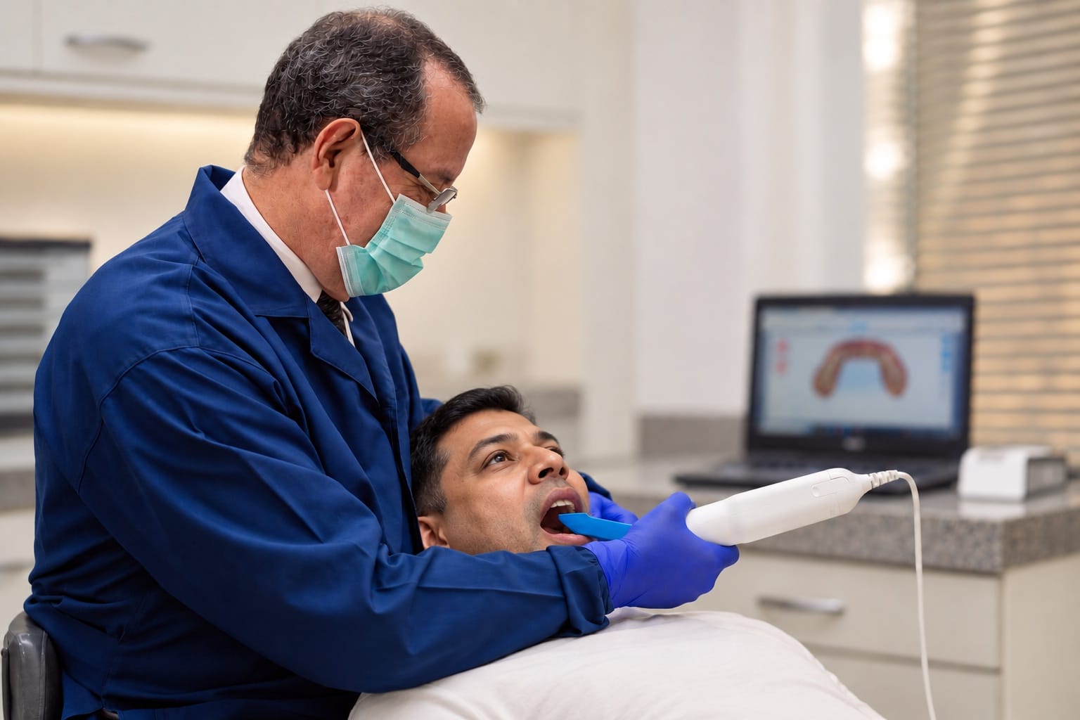 Dr. Paulo Assumpção realizando escaneamento digital para planejamento ortodôntico.