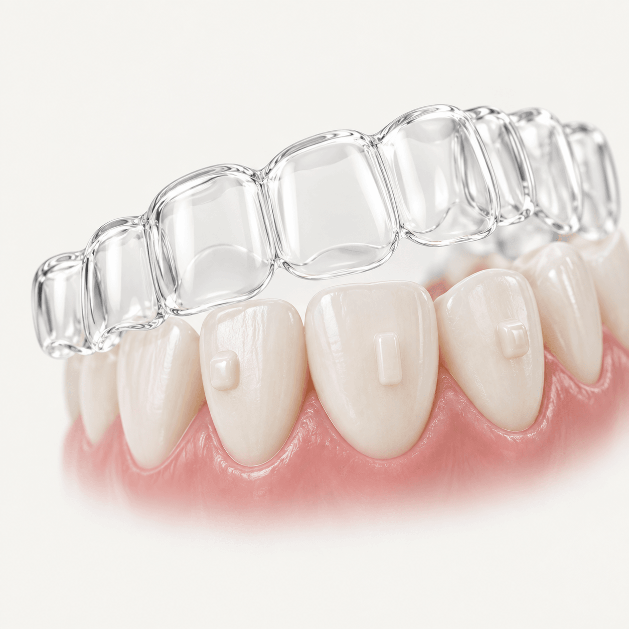 Ilustração de dentes com pequenos relevos da cor do dente, os attachments, sob um alinhador transparente.
