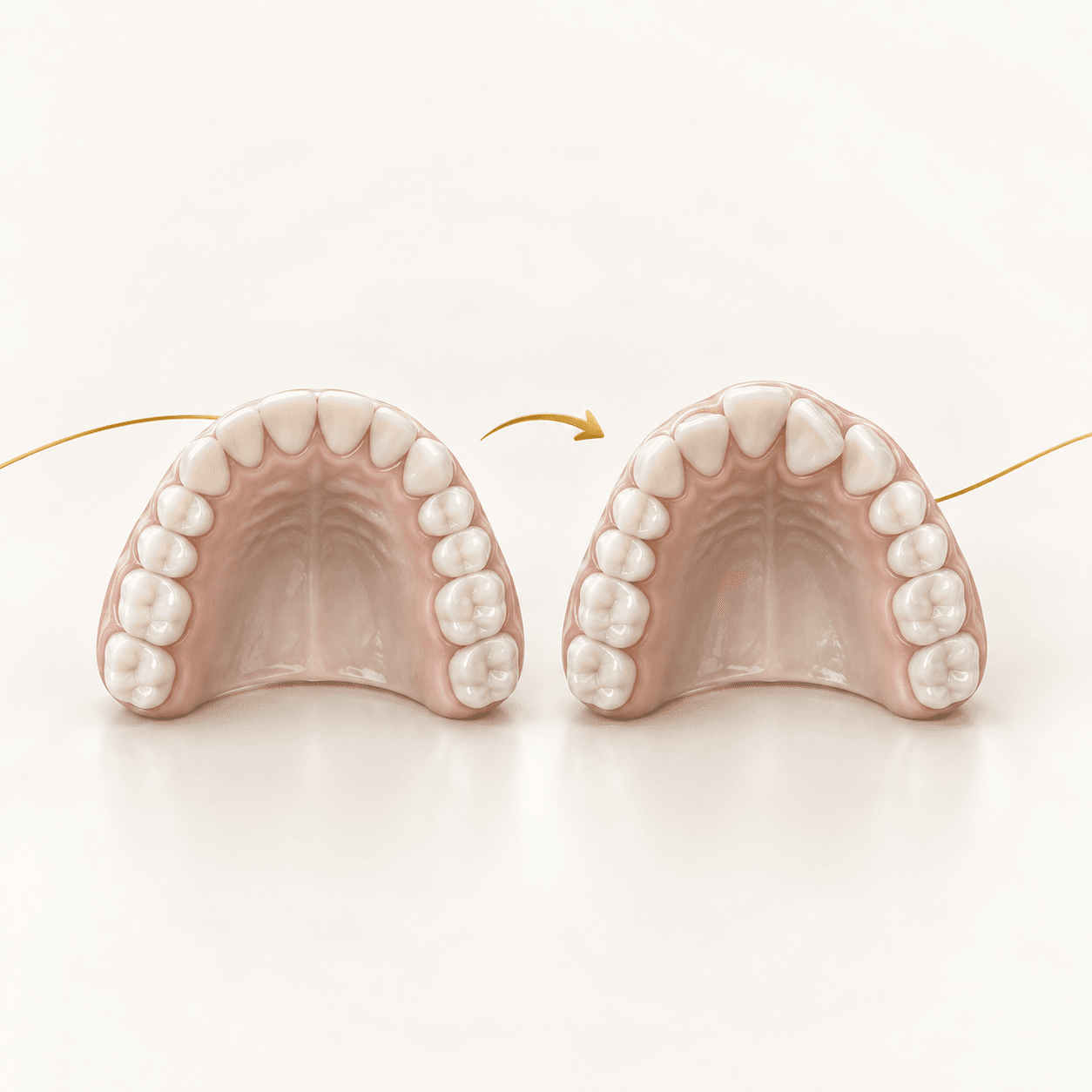 Ilustração de duas arcadas vistas de cima: à esquerda os dentes alinhados e, à direita, os mesmos dentes tortos de novo.