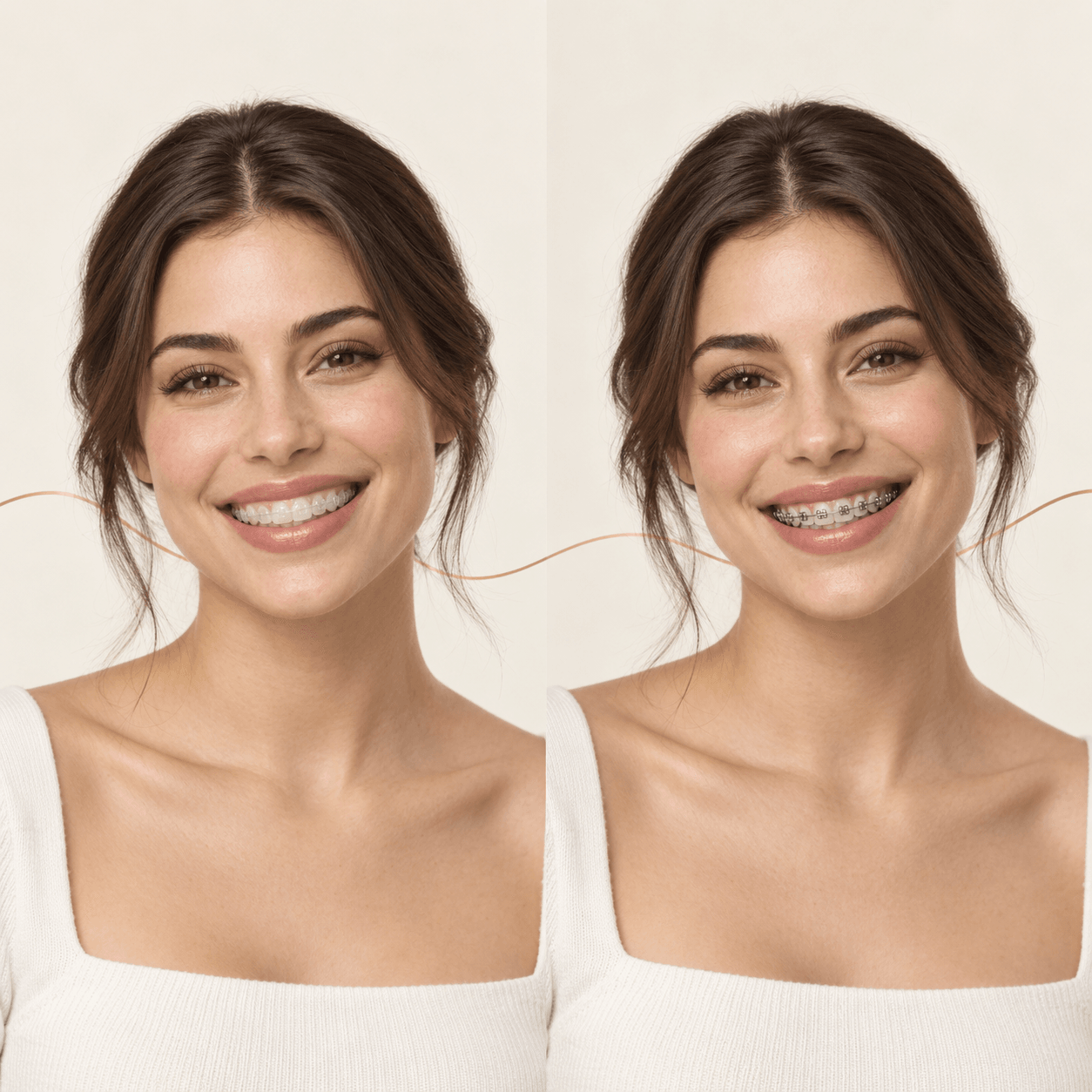 Ilustração de duas fotos lado a lado da mesma pessoa sorrindo: numa, o sorriso liso; na outra, com aparelho fixo metálico.