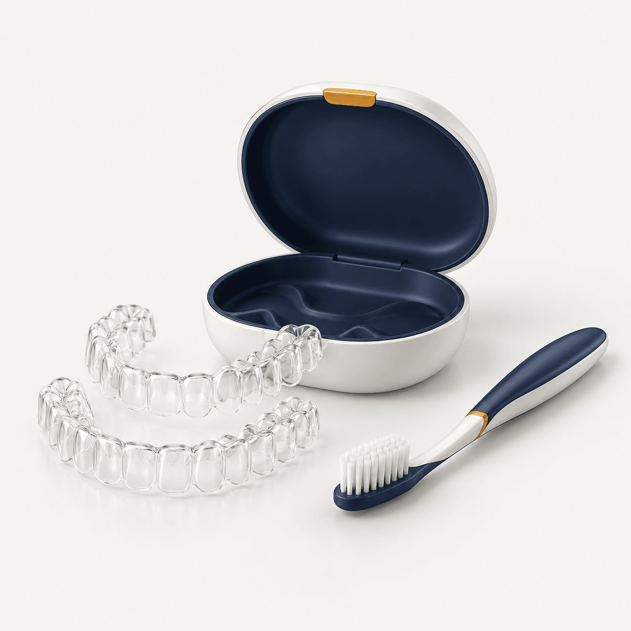 Ilustração dos alinhadores transparentes, do estojo aberto e de uma escova de dentes.