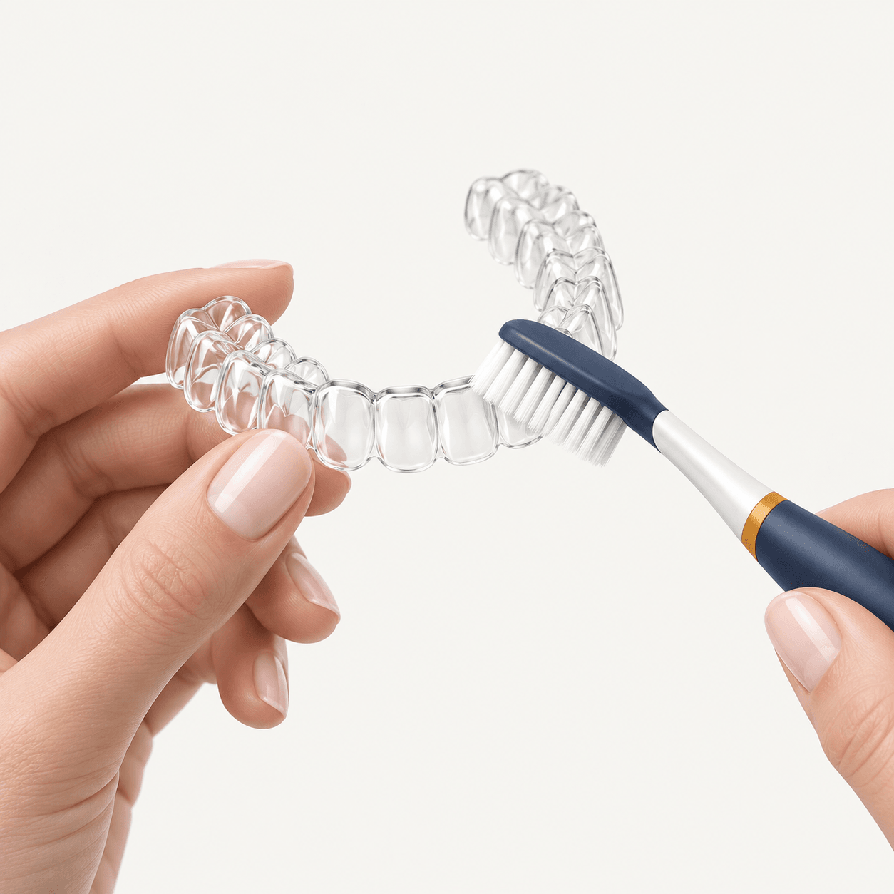 Ilustração de mãos limpando um alinhador com uma escova de dentes macia.