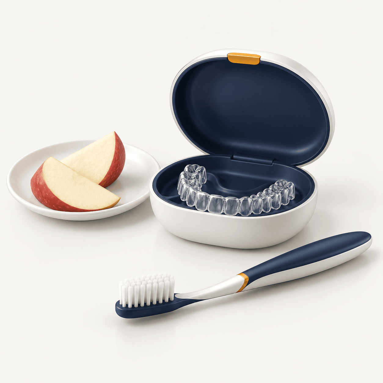 Ilustração do alinhador guardado no estojo, ao lado de fatias de maçã e de uma escova de dentes.