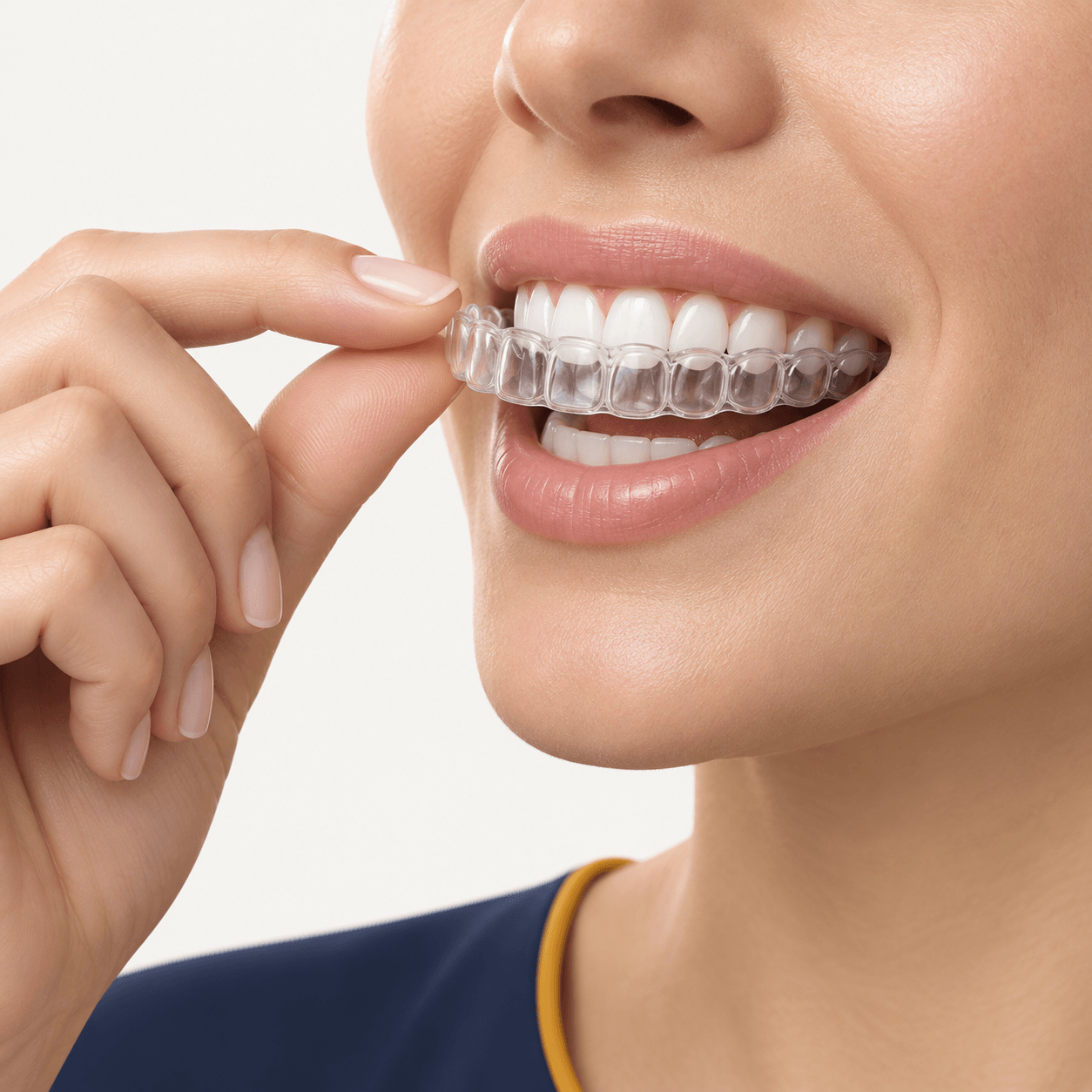 Imagem ilustrativa: pessoa encaixando o alinhador transparente nos dentes de cima.
